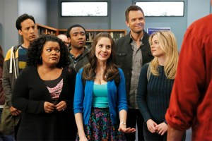 COMMUNITY -- "Basic Human Anatomy" Episode 410 -- Pictured: (l-r) Danny Pudi as Abed, Yvette Nicole Brown as Shirley, Donald Glover as Troy, Alison Brie as Annie, Joel McHale as Jeff Winger, Gillian Jacobs as Britta -- (Photo by: Vivian Zink/NBC)