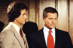 LOS ANGELES - AUGUST 1: DALLAS cast members Patrick Duffy (as Bobby Ewing) and  Larry Hagman (as John Ross 'J.R.' Ewing, Jr.).  August 1978. (Photo by CBS via Getty Images)