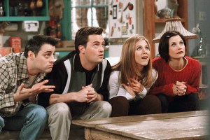 FRIENDS -- "The One With The Embryos" -- Episode 12 -- Aired 1/15/1998 -- Pictured: (l-r) Matt Le Blanc as Joey Tribbiani, Matthew Perry as Chandler Bing, Jennifer Aniston as Rachel Green, Courteney Cox as Monica Geller  (Photo by NBCU Photo Bank/NBCUniversal via Getty Images via Getty Images)