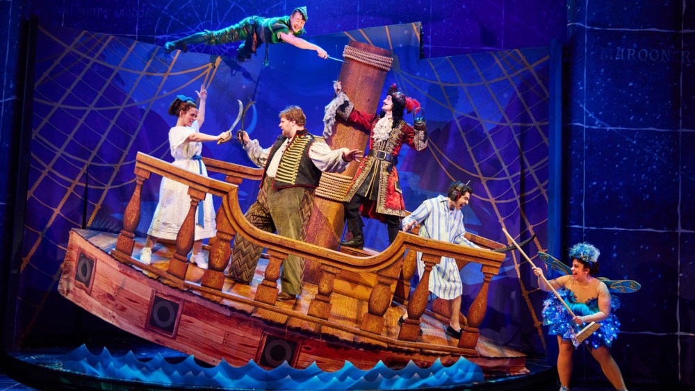 (L-R) Charlie Russell, Greg Tannahill, Henry Lewis, Henry Shields, Bartley Booz, and Nancy Zamit in “Peter Pan Goes Wrong” playing at Center Theatre Group / Ahmanson Theatre August 6 through September 10, 2023.
Photo by Jeremy Daniel