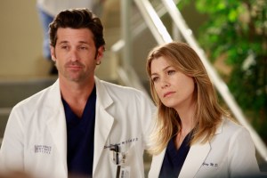 GREY'S ANATOMY, (from left): Patrick Demsey, Ellen Pompeo, 'Love Turns You Upside Down', (Season 9, ep. 908, aired Dec. 6, 2012), 2005-. photo: Ron Tom / ©ABC / courtesy Everett Collection