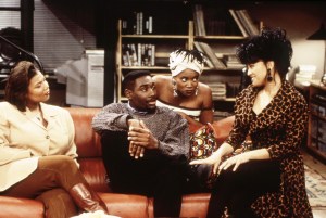 LIVING SINGLE, from left: Queen Latifah, Morris Chestnut, Erika Alexander, Kim Fields in 'Mystery Date', (Season 1, Episode 119, aired February 13, 1994), 1993-1998. ph: Ron Tom / ©Fox Television / courtesy Everett Collection